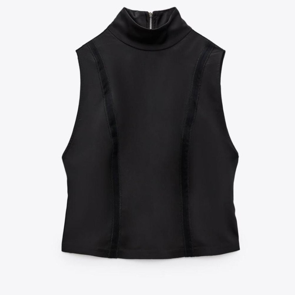 Zara High Neck Sleeveless Back Zip Top Shirt Black